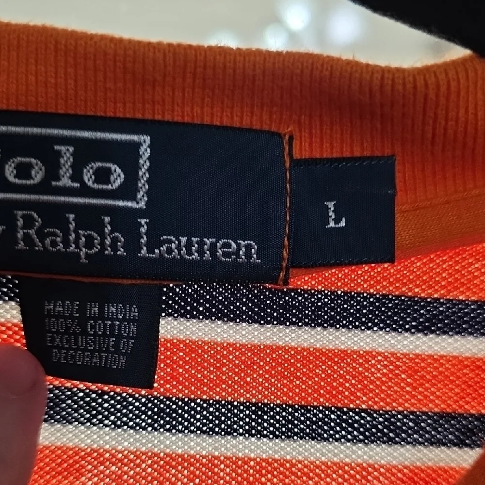 Polo by Ralph Lauren Mens Orange/Navy Striped Polo Shirt Collar Buttons Sz L GUC